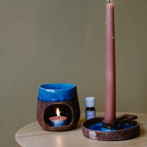 El Yapımı Rustik Seramik Buhurdanlık | Kahverengi Mavi