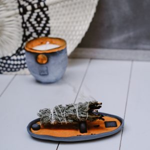 El Yapımı Rustik Seramik Tütsülük | Gri Turuncu