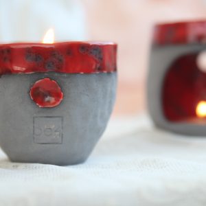 Gri/Kırmızı Seramik Doğal Soya Mumu | Doğal El Yapımı Seramik Mumluk